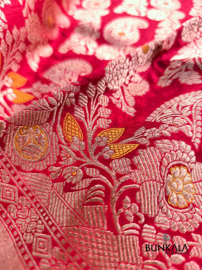 Bright Red Heritage Paisley Design Meenakari Handloom Banarasi Pure Katan Silk Saree