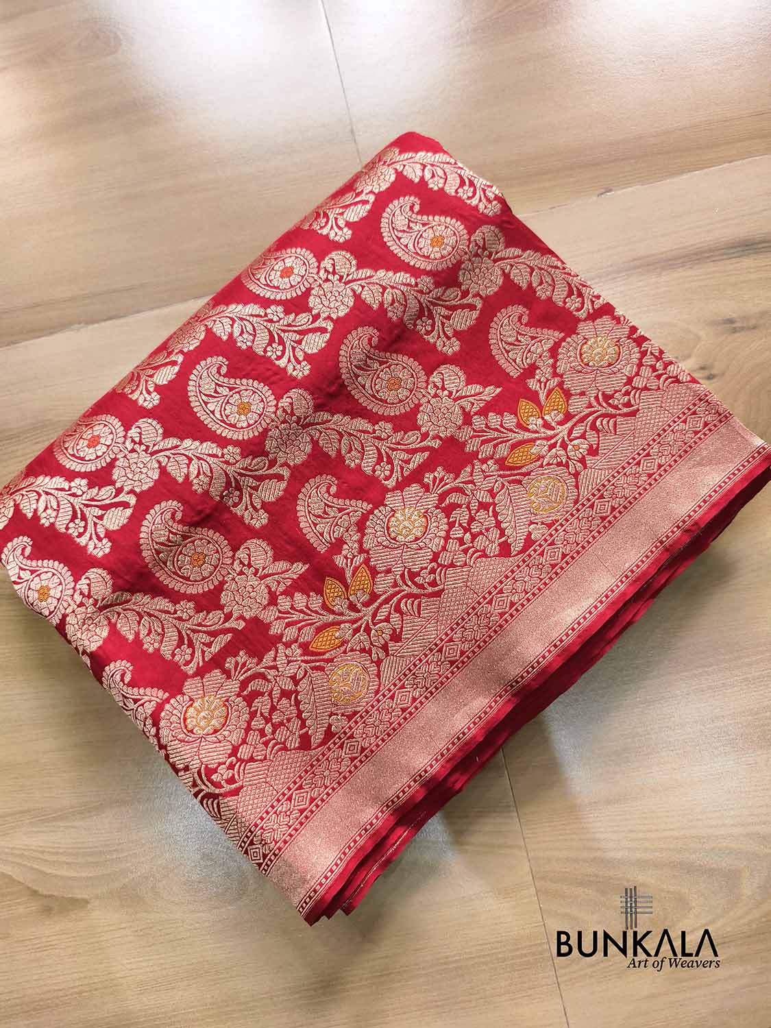 Bright Red Heritage Paisley Design Meenakari Handloom Banarasi Pure Katan Silk Saree