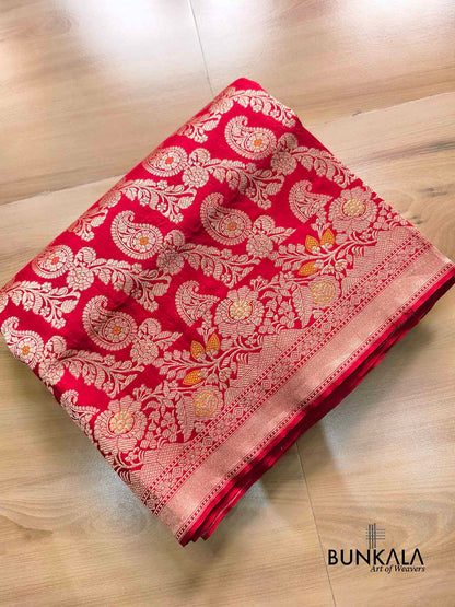 Bright Red Heritage Paisley Design Meenakari Handloom Banarasi Pure Katan Silk Saree