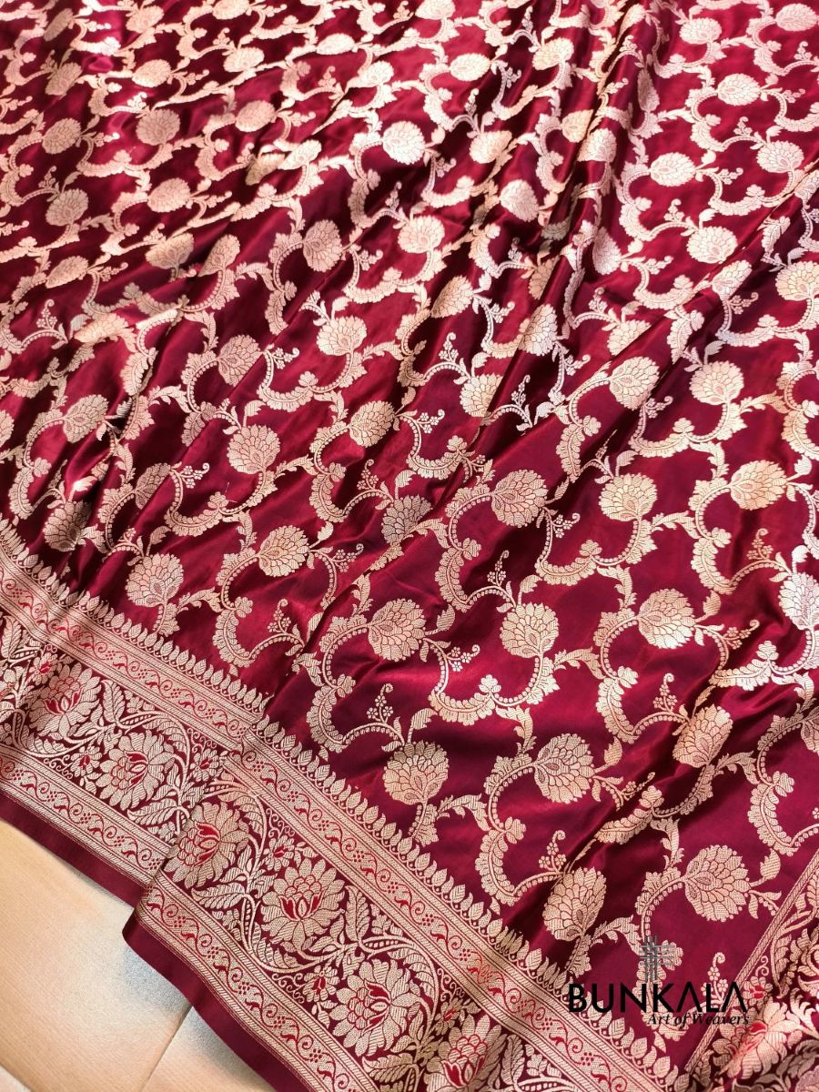 Maroon Floral Jaal Banarasi Mashru Silk Saree