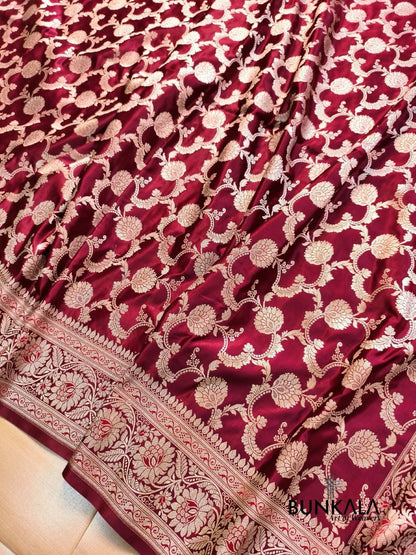 Maroon Floral Jaal Banarasi Mashru Silk Saree