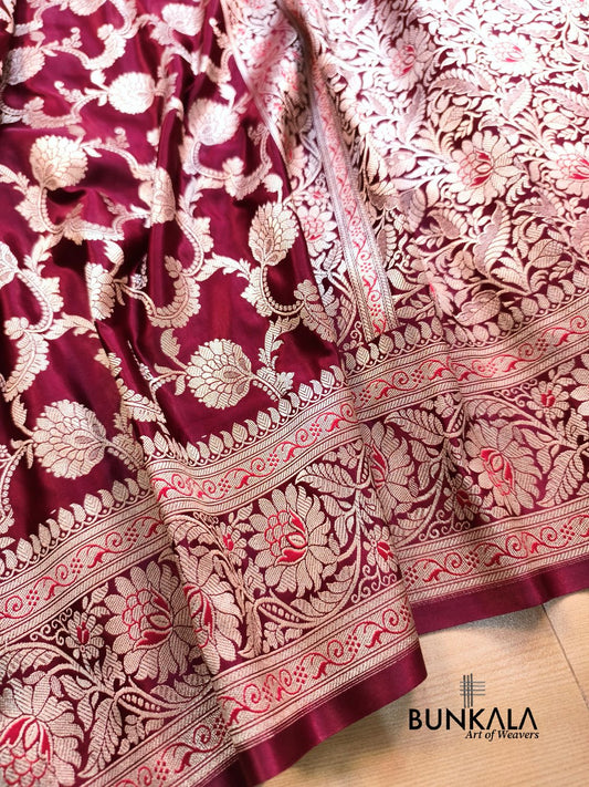 Maroon Floral Jaal Banarasi Mashru Silk Saree 