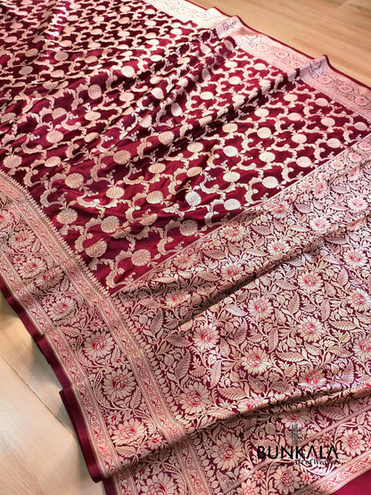 Maroon Floral Jaal Banarasi Mashru Silk Saree 