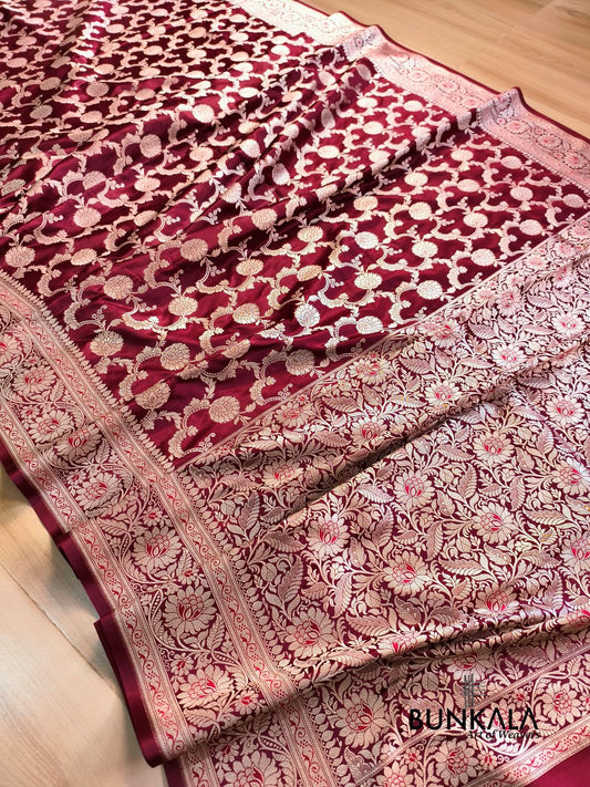 Maroon Floral Jaal Banarasi Mashru Silk Saree 