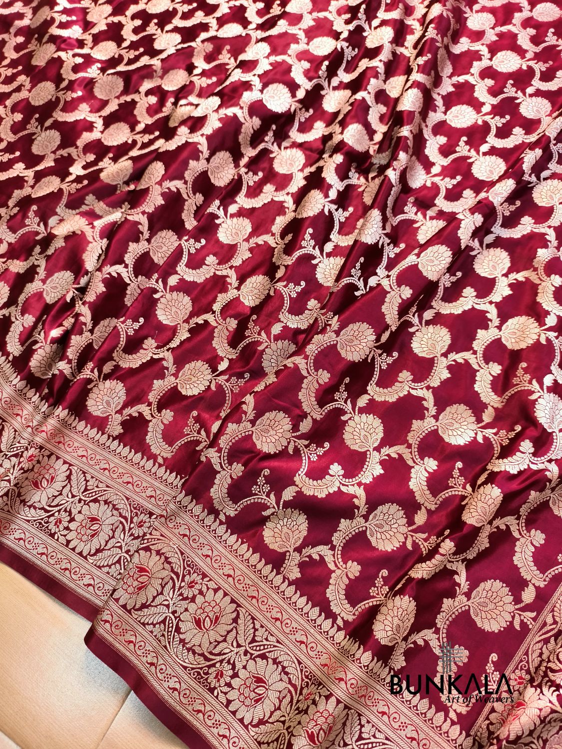 Maroon Floral Jaal Banarasi Mashru Silk Saree 