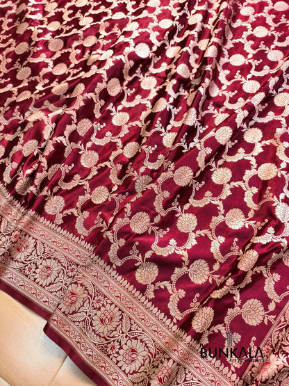 Maroon Floral Jaal Banarasi Mashru Silk Saree 