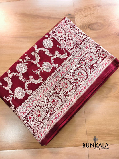 Maroon Floral Jaal Banarasi Mashru Silk Saree 
