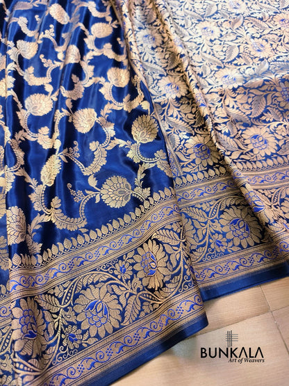 Navy Blue Floral Jaal Banarasi Mashru Silk Saree 