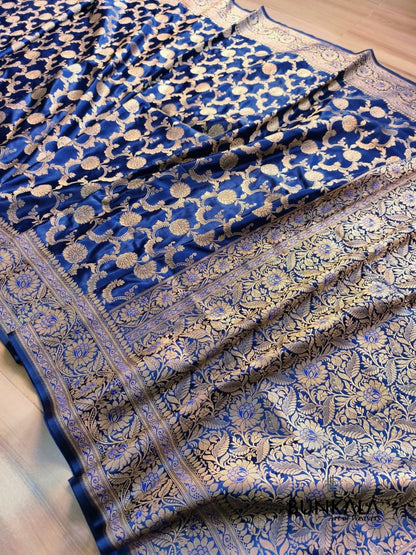 Navy Blue Floral Jaal Banarasi Mashru Silk Saree