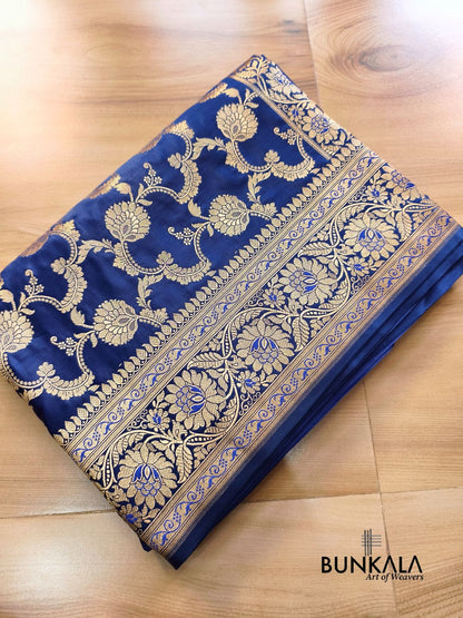 Navy Blue Floral Jaal Banarasi Mashru Silk Saree 