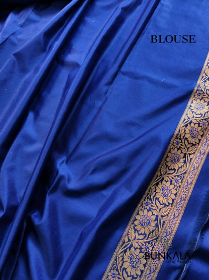 Navy Blue Floral Jaal Banarasi Mashru Silk Saree 