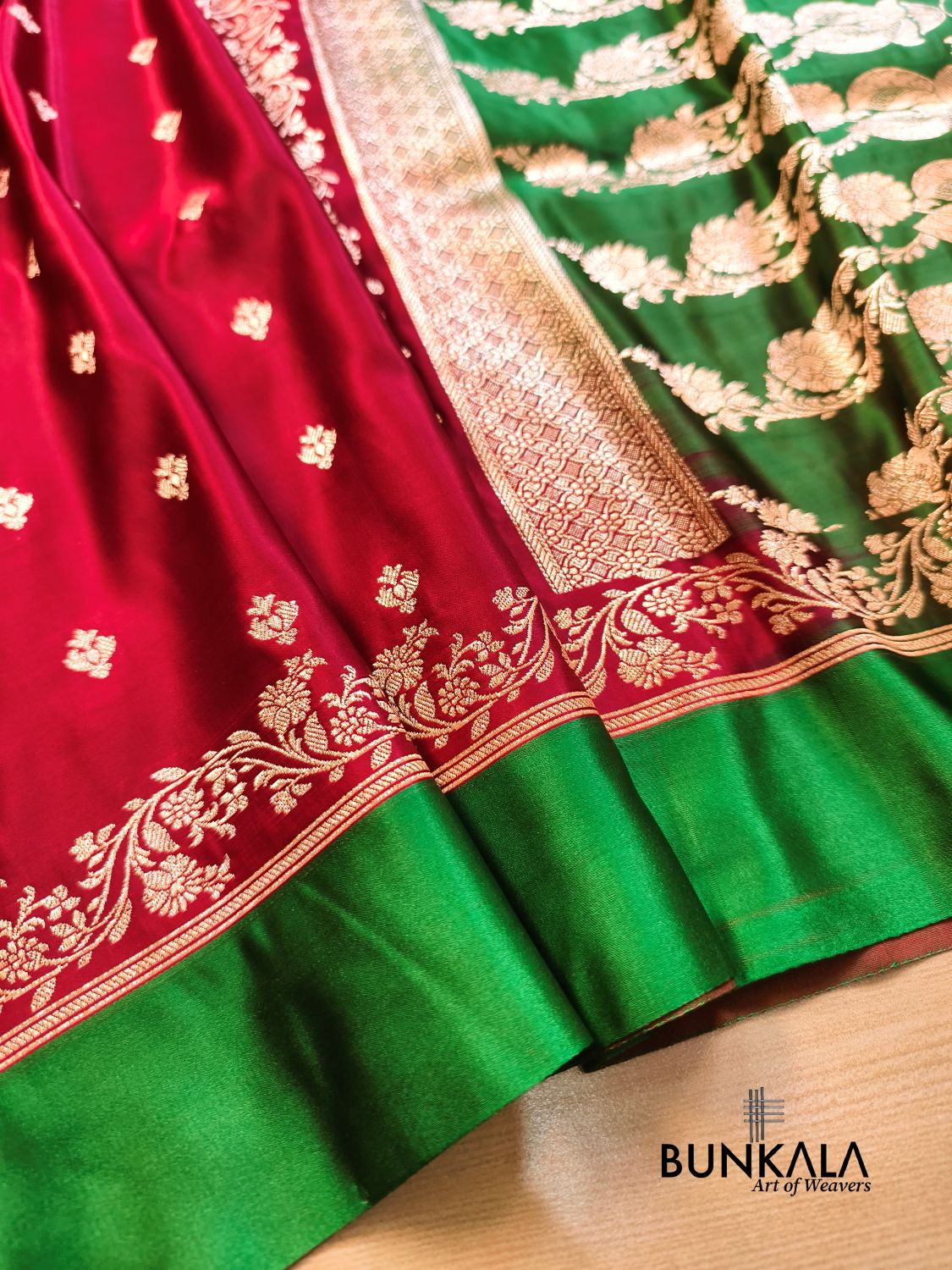 Maroon with Green Contrast Buti Banarasi Mashru Silk Saree 
