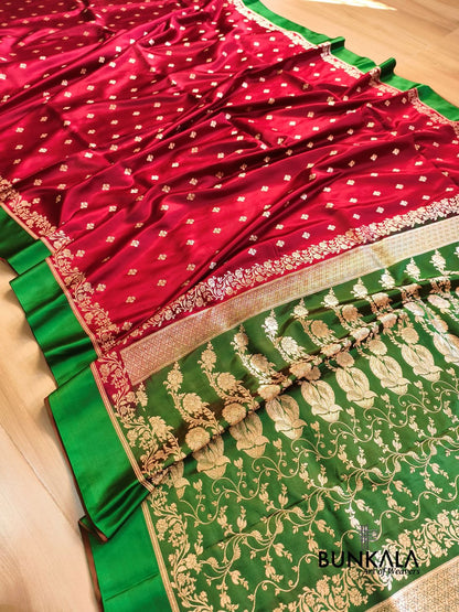 Maroon with Green Contrast Buti Banarasi Mashru Silk Saree 