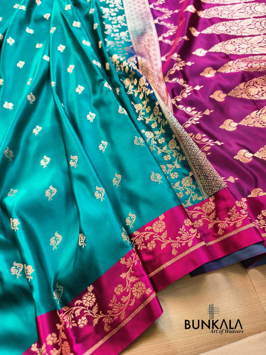 Blue with Pink Contrast Buti Banarasi Mashru Silk Saree 
