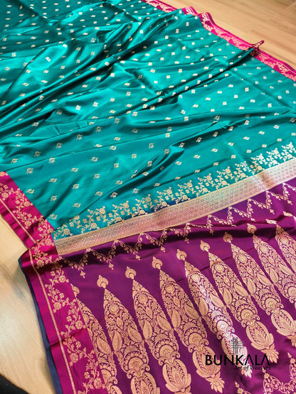 Blue with Pink Contrast Buti Banarasi Mashru Silk Saree 