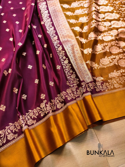 Burgundy with Mustard Contrast Buti Banarasi Mashru Silk Saree 