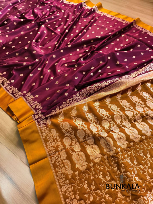 Burgundy with Mustard Contrast Buti Banarasi Mashru Silk Saree 