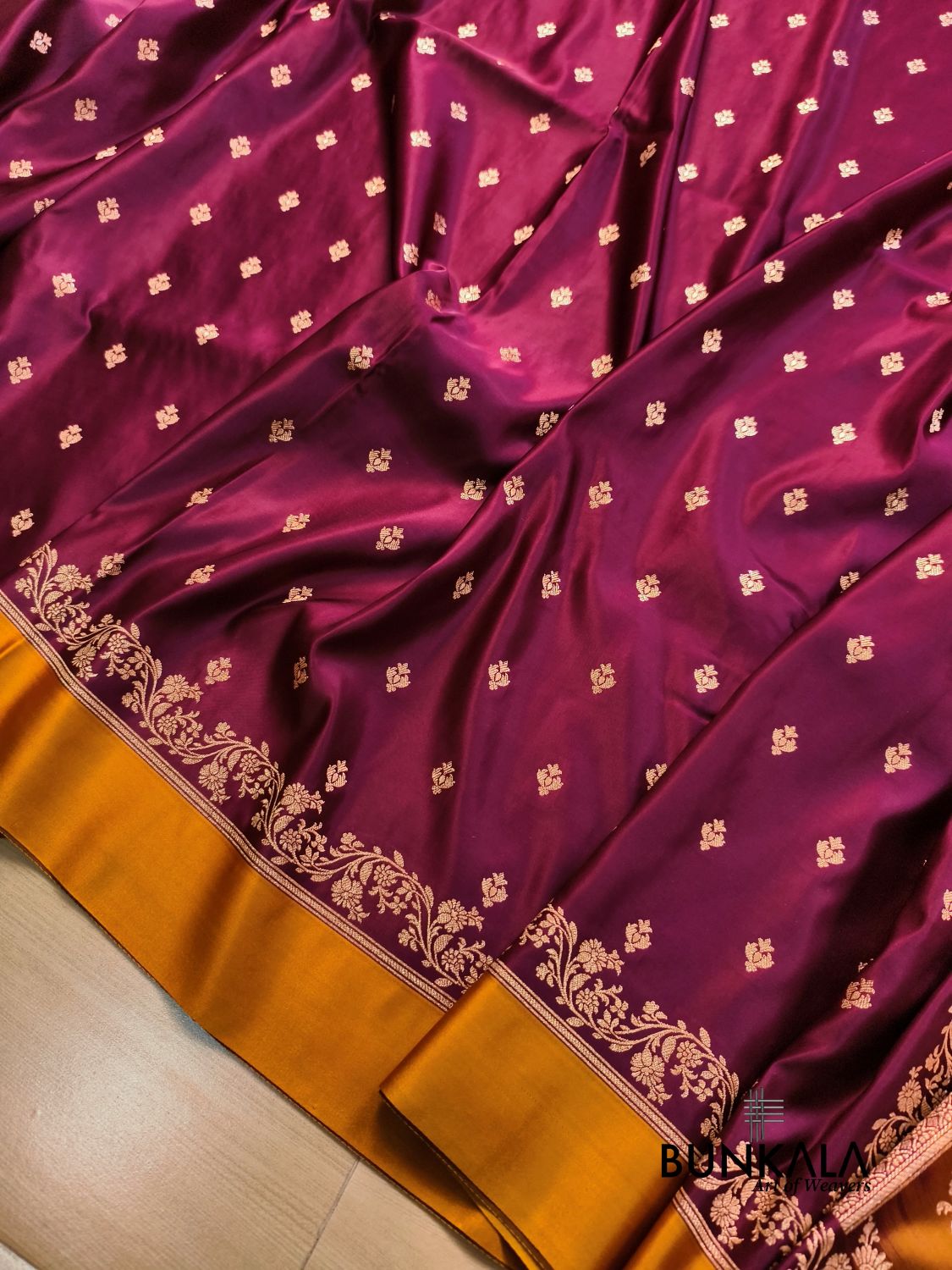 Burgundy with Mustard Contrast Buti Banarasi Mashru Silk Saree 