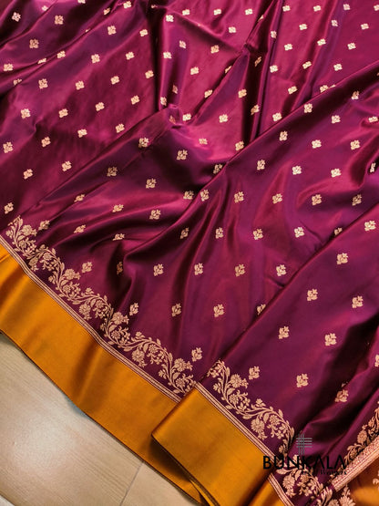 Burgundy with Mustard Contrast Buti Banarasi Mashru Silk Saree 