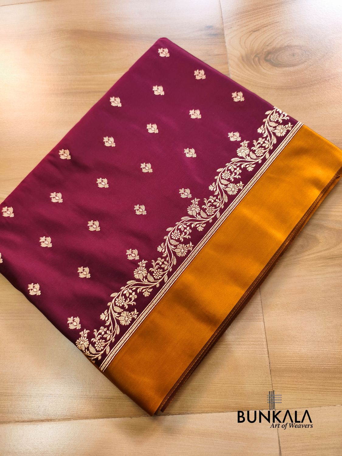 Burgundy with Mustard Contrast Buti Banarasi Mashru Silk Saree 