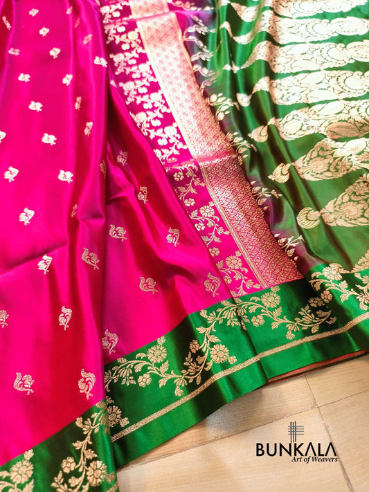 Pink with Green Contrast Buti Banarasi Mashru Silk Saree 