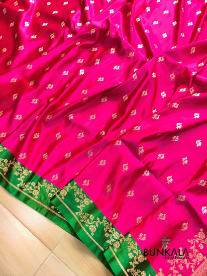 Pink with Green Contrast Buti Banarasi Mashru Silk Saree 