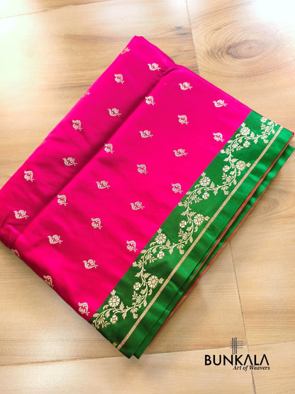 Pink with Green Contrast Buti Banarasi Mashru Silk Saree 