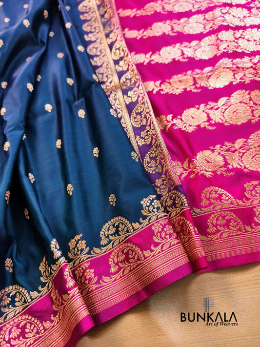 Blue with Pink Contrast Buti Banarasi Mashru Silk Saree 