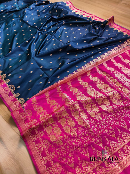 Blue with Pink Contrast Buti Banarasi Mashru Silk Saree 