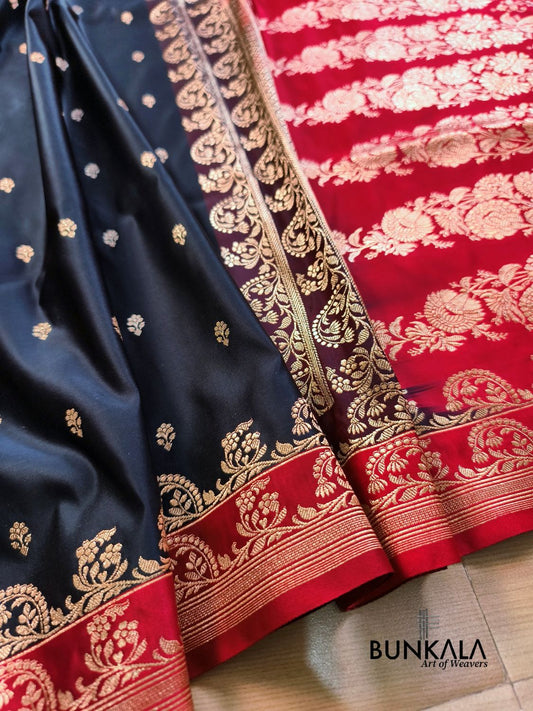 Black with Red Contrast Buti Banarasi Mashru Silk Saree 