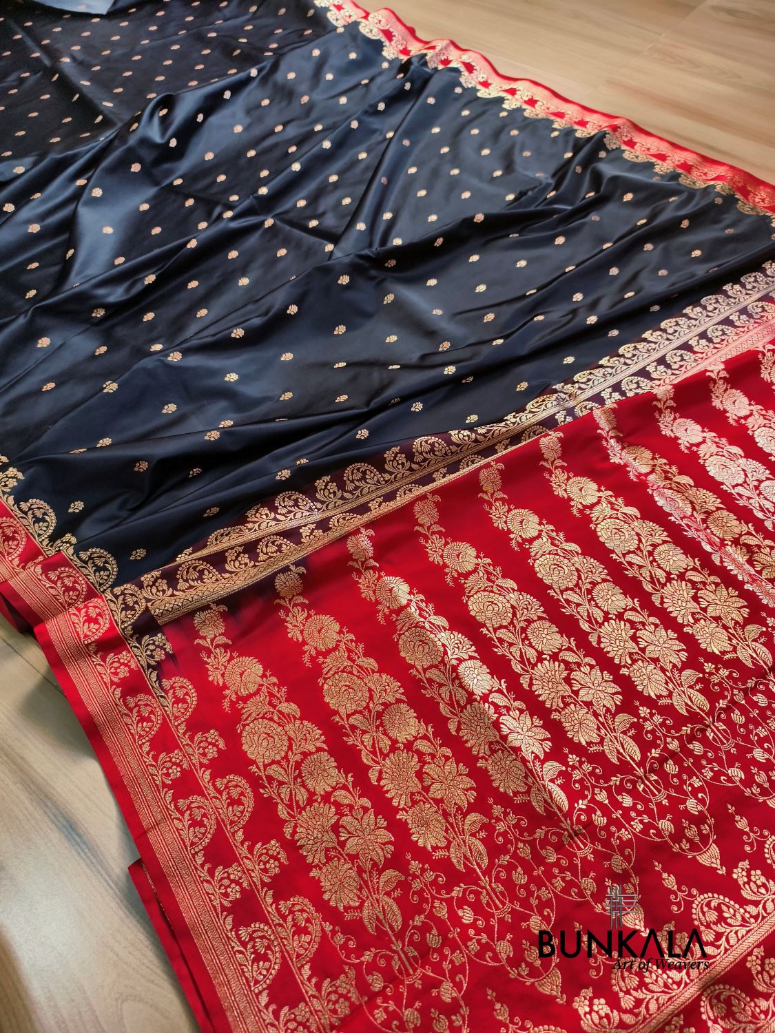 Black with Red Contrast Buti Banarasi Mashru Silk Saree 