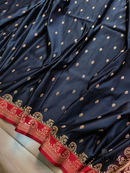 Black with Red Contrast Buti Banarasi Mashru Silk Saree 