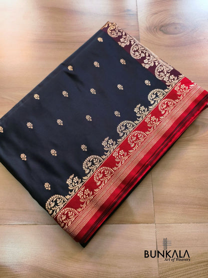 Black with Red Contrast Buti Banarasi Mashru Silk Saree 