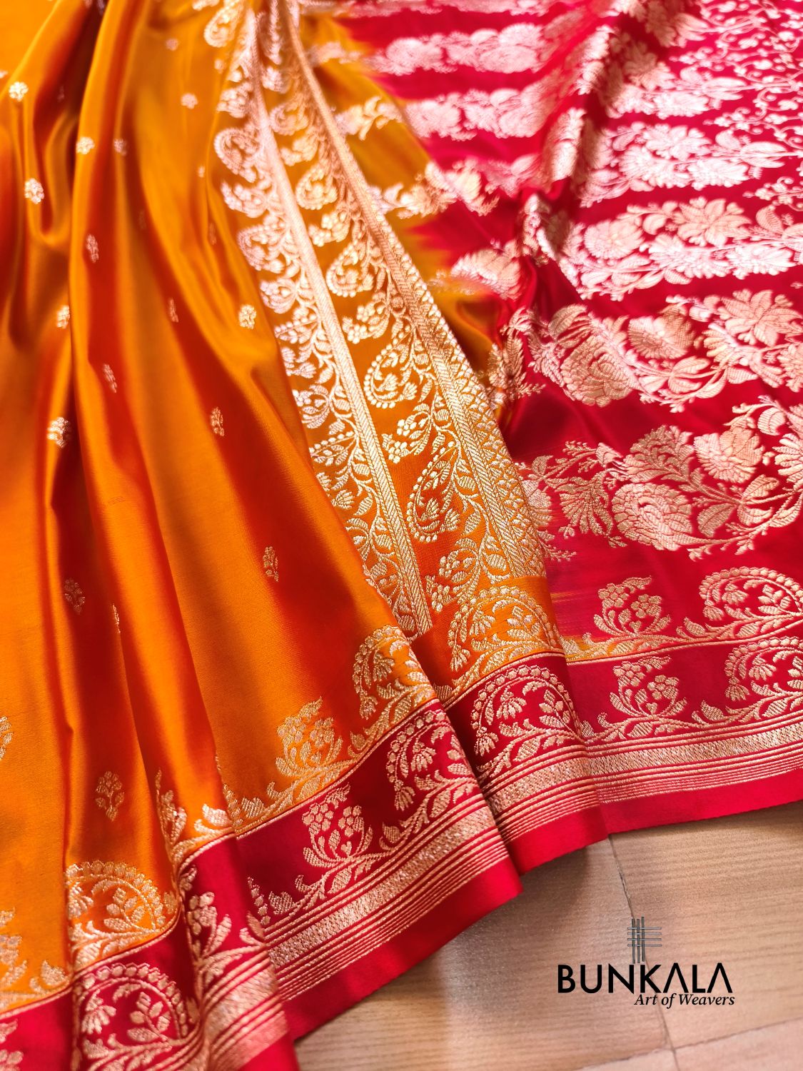Orange with Red Contrast Buti Banarasi Mashru Silk Saree 
