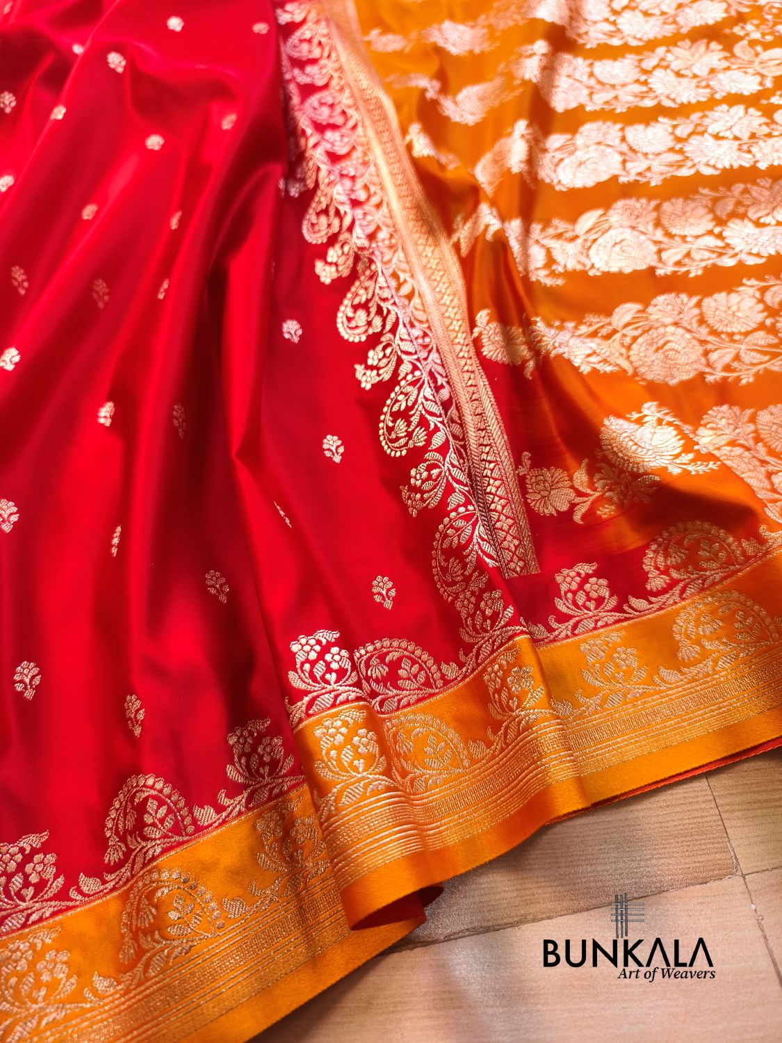 Red with Orange Contrast Buti Banarasi Mashru Silk Saree