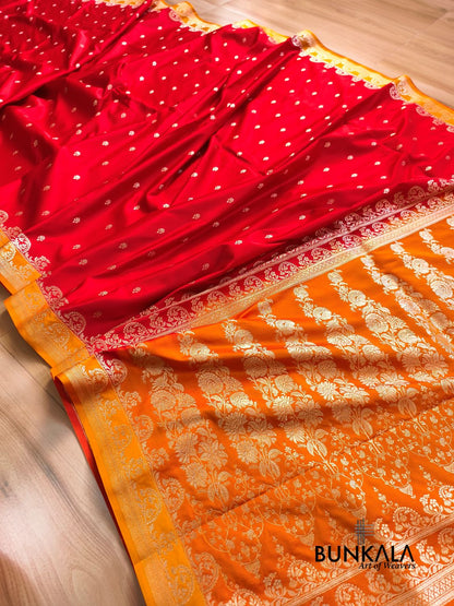 Red with Orange Contrast Buti Banarasi Mashru Silk Saree