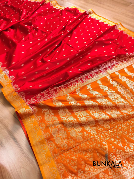 Red with Orange Contrast Buti Banarasi Mashru Silk Saree
