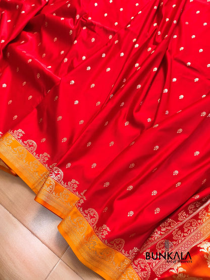Red with Orange Contrast Buti Banarasi Mashru Silk Saree