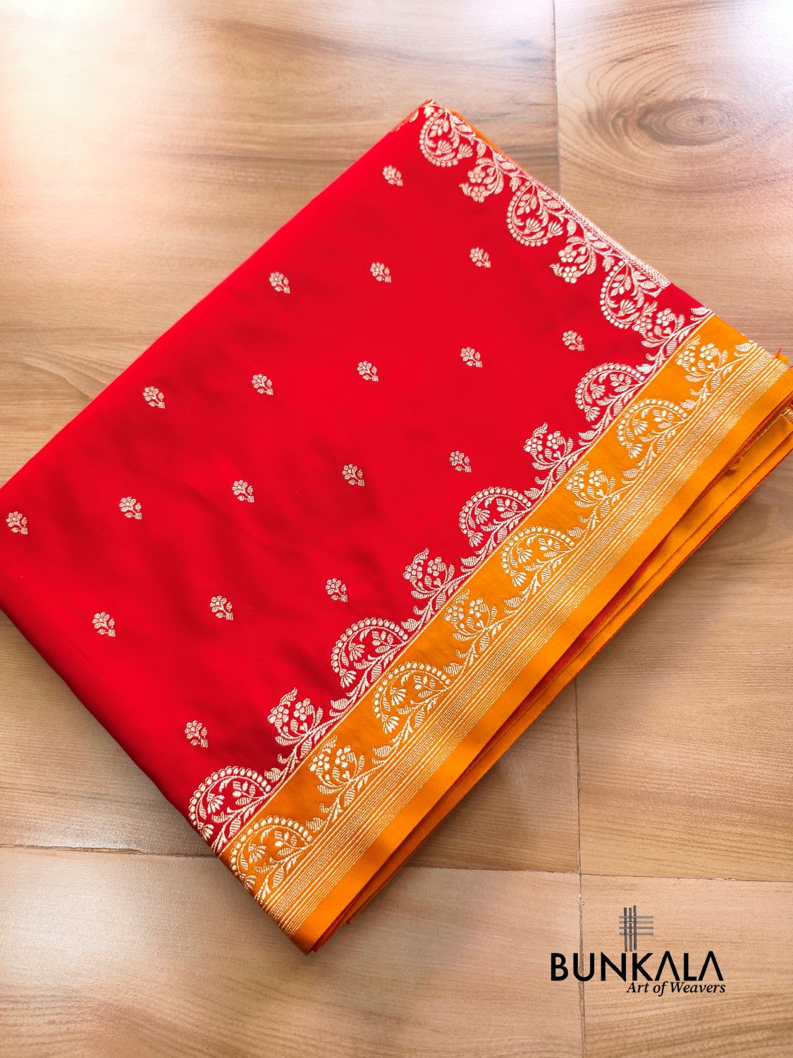 Red with Orange Contrast Buti Banarasi Mashru Silk Saree