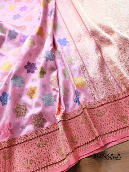 Baby Pink Pure Katan Silk Allover Multicolor Flower Kadwa Handweaved Buti Banarasi Saree