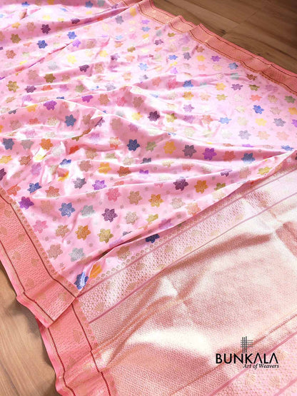 Baby Pink Pure Katan Silk Allover Multicolor Flower Kadwa Handweaved Buti Banarasi Saree