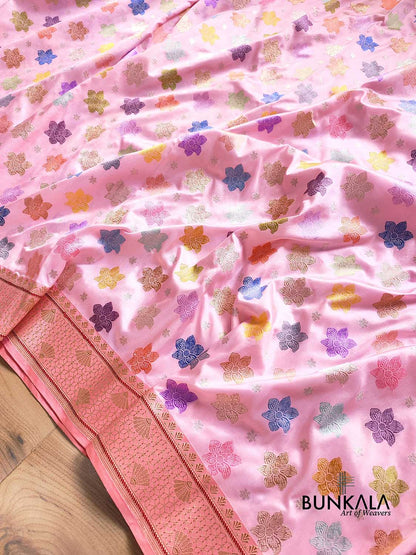 Baby Pink Pure Katan Silk Allover Multicolor Flower Kadwa Handweaved Buti Banarasi Saree