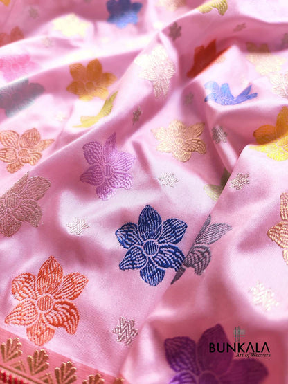 Baby Pink Pure Katan Silk Allover Multicolor Flower Kadwa Handweaved Buti Banarasi Saree