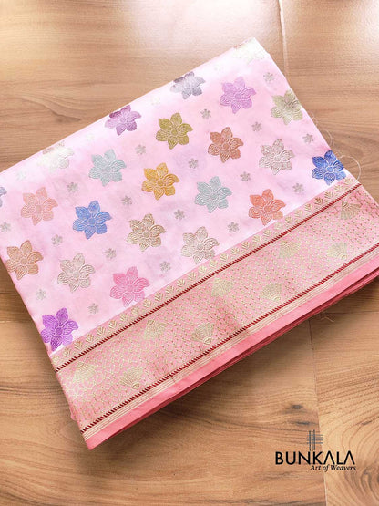 Baby Pink Pure Katan Silk Allover Multicolor Flower Kadwa Handweaved Buti Banarasi Saree