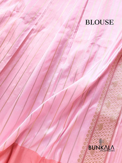 Baby Pink Pure Katan Silk Allover Multicolor Flower Kadwa Handweaved Buti Banarasi Saree