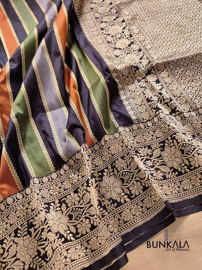 Jet Black Multicoloured Stripes Pure Katan Silk Handloom Banarasi Saree