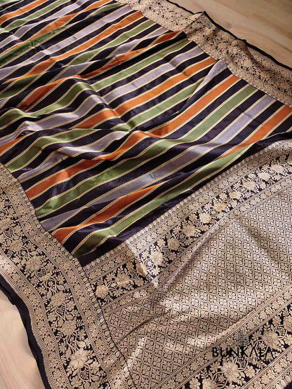 Jet Black Multicoloured Stripes Pure Katan Silk Handloom Banarasi Saree