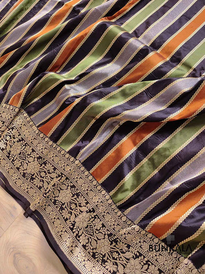 Jet Black Multicoloured Stripes Pure Katan Silk Handloom Banarasi Saree