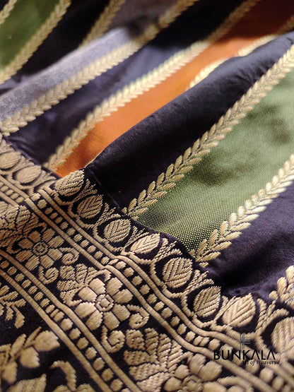 Jet Black Multicoloured Stripes Pure Katan Silk Handloom Banarasi Saree