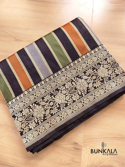 Jet Black Multicoloured Stripes Pure Katan Silk Handloom Banarasi Saree